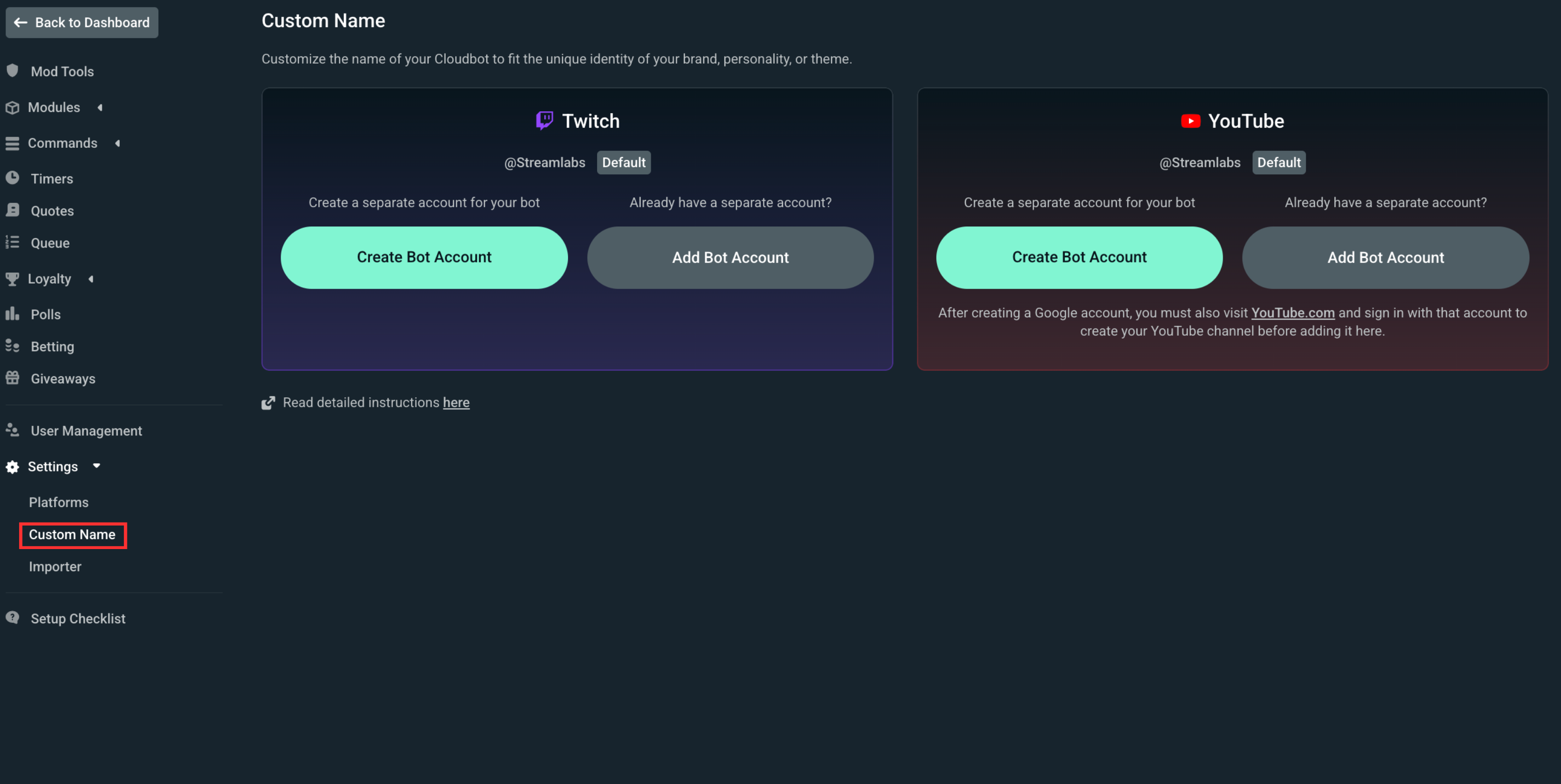 Custom name for Cloudbot settings in the Cloudbot dashboard